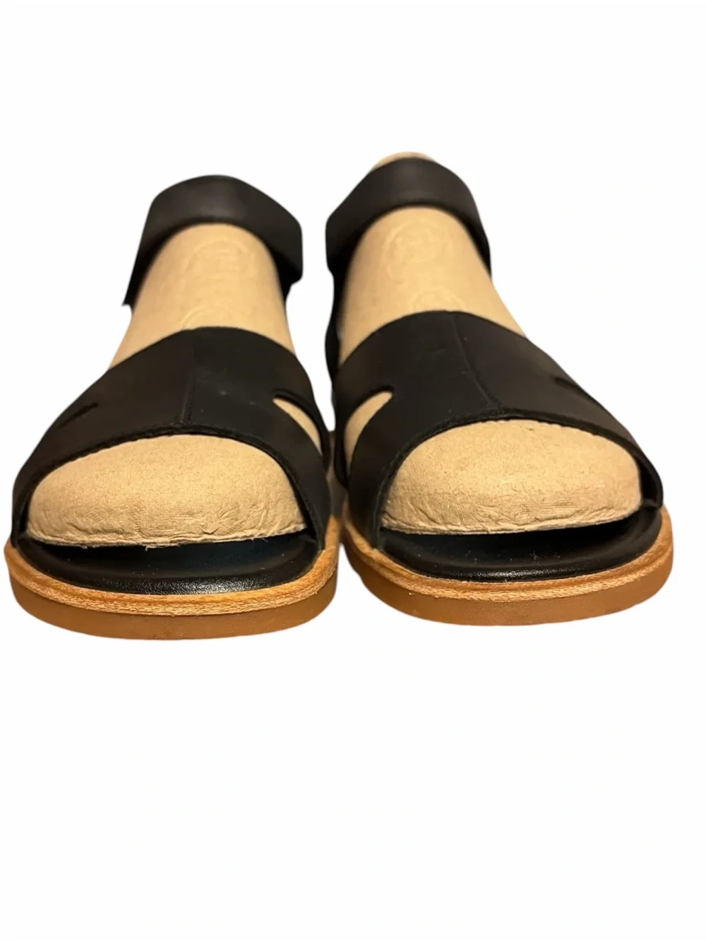 Sorel Black Leather Open-Toe Sandals with Tan Footbed - Picture 5 of 7